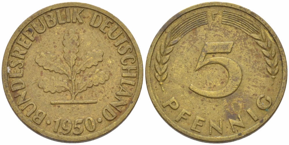 ФРГ 5 ПФЕННИГОВ 1950 F KM 107, J.382 сталь плакированная латунью 112-934