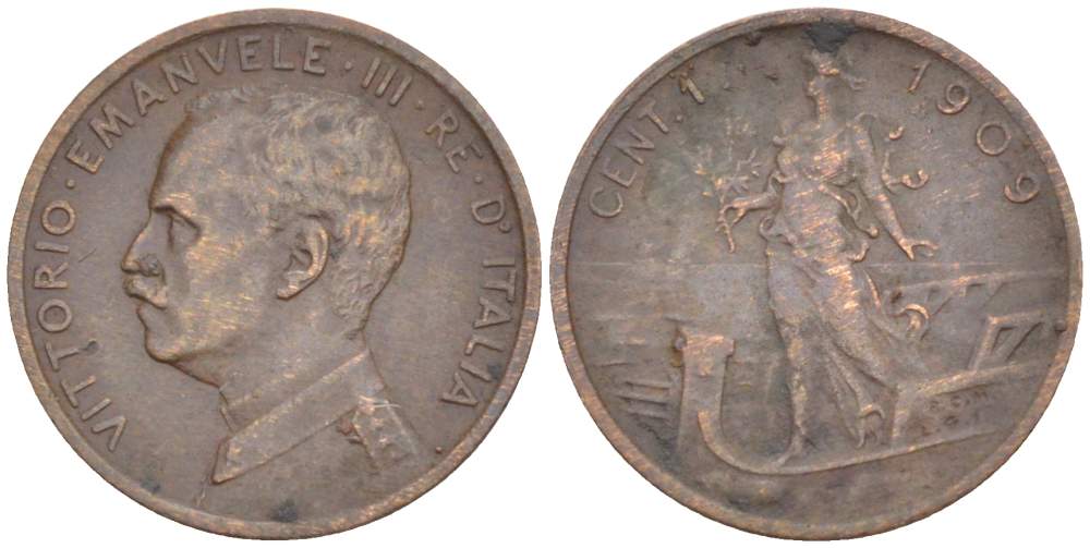 ИТАЛИЯ 1 ЧЕНТЕЗИМО 1909 R, МОНДВОР РИМ, ВИКТОР ЭММАНУИЛ III (1900-1946) KM 40 медь 4516-1037
