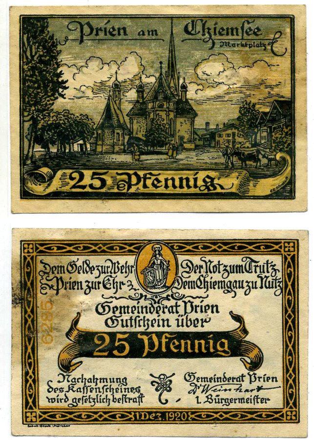 Прин-ам-Камзее 25 пфеннигов 1920 1 декабря 1920, нотгельд, земля Бавария Grabowski 1074.3а бумага 2193-21-1-2