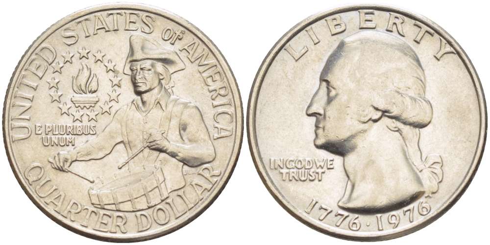 США 25 центов = квотер 1976 200 лет независимости (1776-1976), Вашингтон, барабанщик KM 204 медь плакированная медно-никелем 4519-533