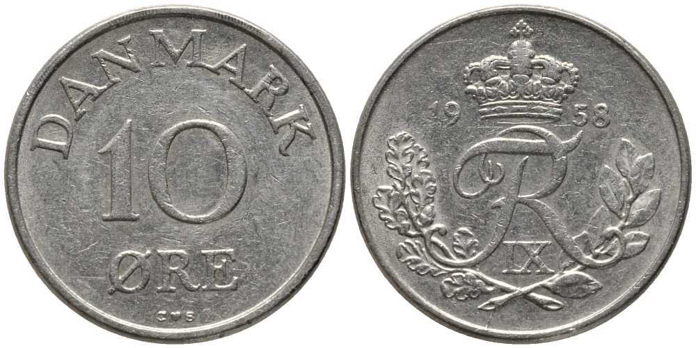 ДАНИЯ 10 ЭРЕ 1958 C; S, ФРЕДЕРИК IX (1947-1972) KM 841.2 медно-никель 116-218