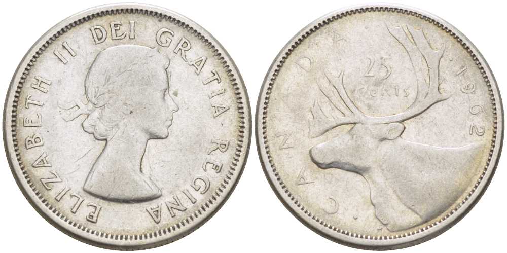 Канада 25 центов 1962 Елизавета II (1952-2022), олень KM 52 серебро 4448-955