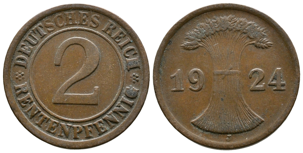 ГЕРМАНИЯ 2 РЕНТЕНПФЕННИГА 1924 J KM 31, J.307 бронза 86-1844