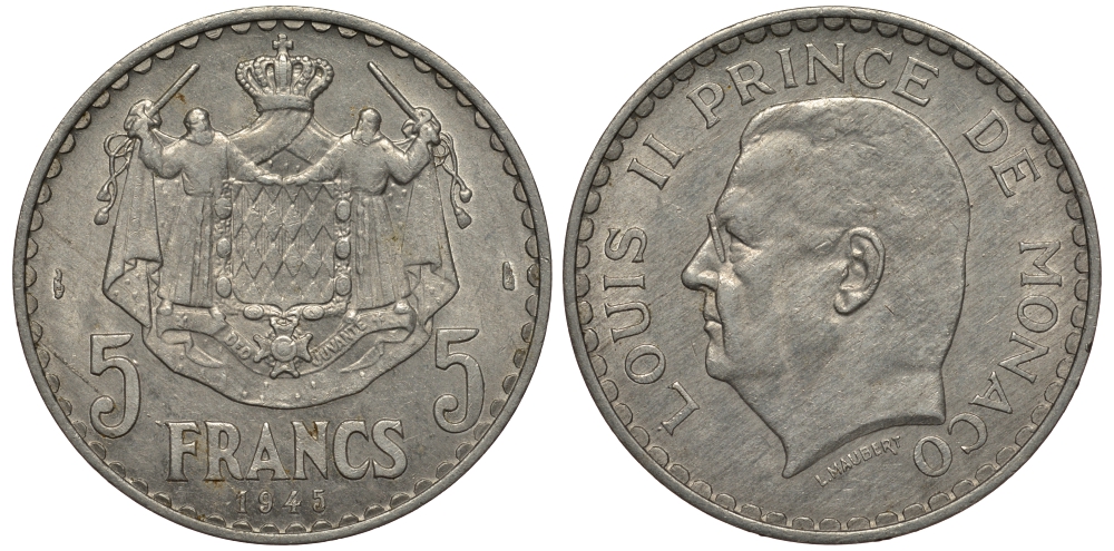 Монако 5 франков 1945 Луи II (1922-1949) KM 122 алюминий 1515-2045
