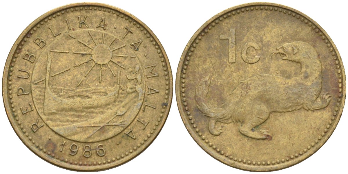 Мальта 1 цент 1986 ласка, горностай KM 78 никель латунь 4585-1133