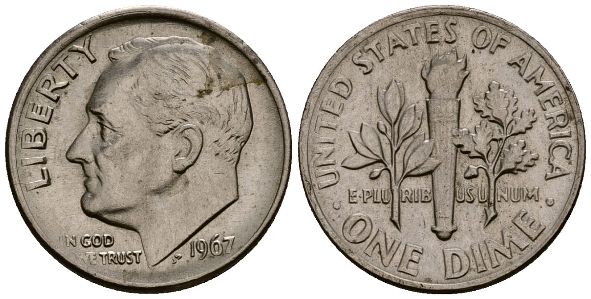 США 10 центов (дайм) 1967 Рузвельт KM 195a медь плакированная медно-никелем 4164-934