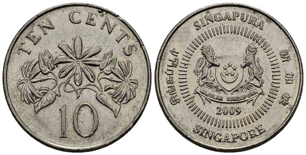 СИНГАПУР 10 ЦЕНТОВ 2009 KM 100 медно-никель 211-811
