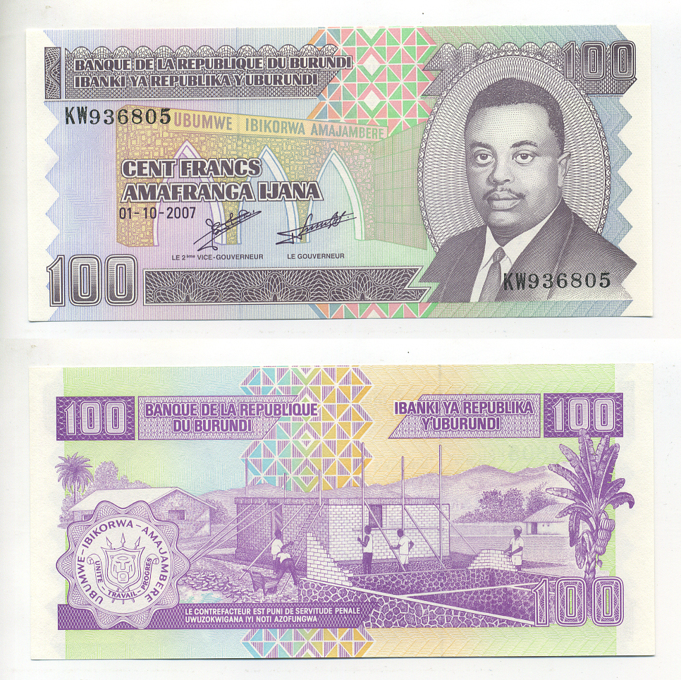 Бурунди 100 франков 2007 1 октября 2007 Pick 37f бумага UNC (пресс) 7217-68-2