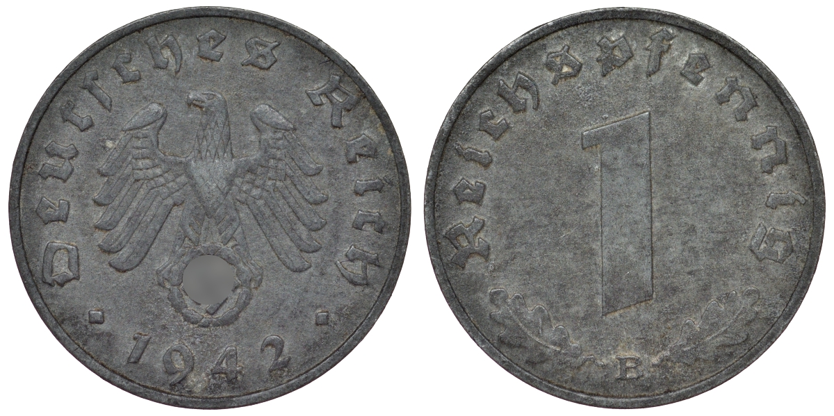 Германия 1 рейхспфенниг 1942 B KM 97, J. 369 цинк 4124-222