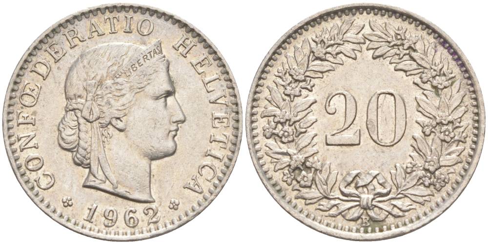 Швейцария 20 раппенов 1962 В KM 29a медно-никель 55-826