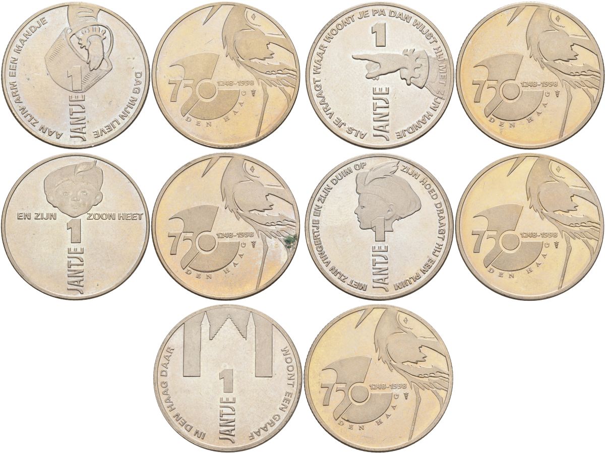 Нидерланды набор из 5 жетонов 1 Jantje 1998 750 лет Гааге (1248-1998), диаметр 30 мм. медно-никель UNC N4-37