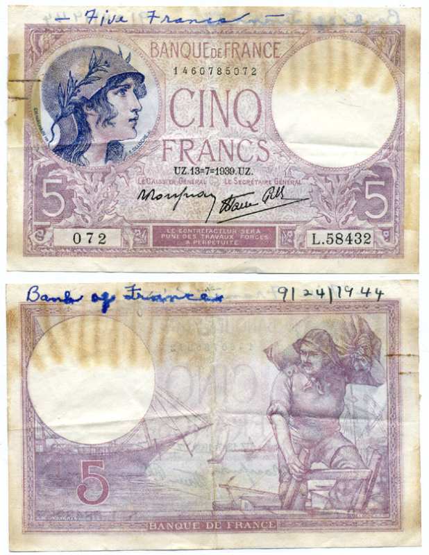 ФРАНЦИЯ 5 ФРАНКОВ 1939 13 ИЮЛЯ 1939 Pick 83 бумага 6262-49-1-2