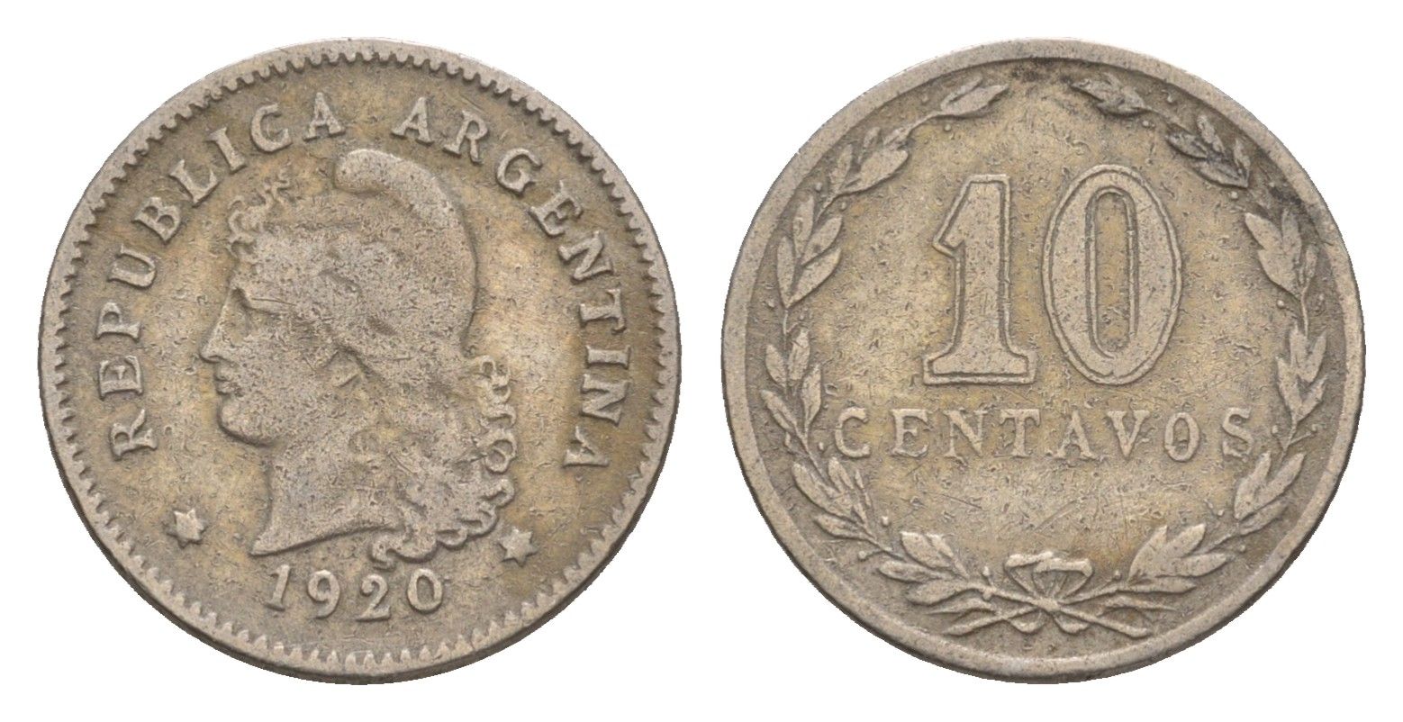 Аргентина 10 сентаво 1920 KM 35 медно-никель 4655-968