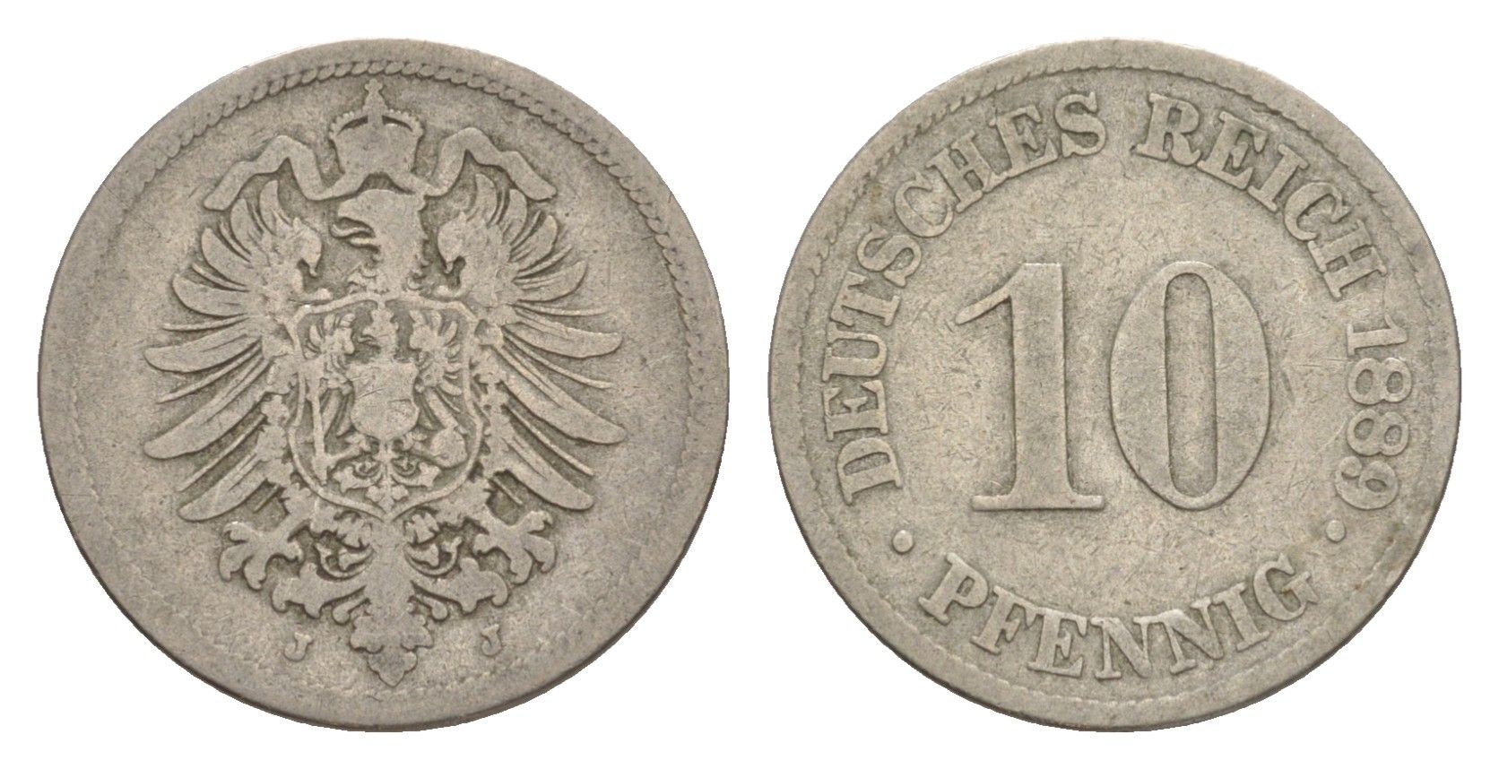 Германия 10 пфеннигов 1889 J, Вильгельм II (1888-1918) KM 4, J. 4 медно-никель 4640-224