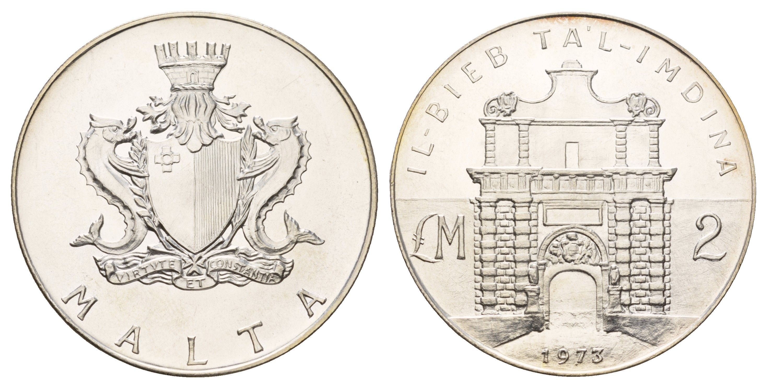 Мальта 2 лиры (фунта) 1973 Ворота Мдины KM 20 серебро BU 270-541