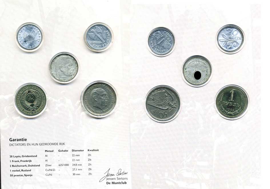 Европа набор из 5 монет 1937-1989 диктатуры XX века, Франция - Виши, Греция - черные полковники, СССР - КПСС, Германия - Гитлер, Испания - Франко, в оригинальном буклете и капсулах      1181-2-06