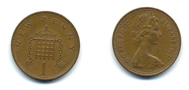 Великобритания 1 пенни 1971 Елизавета II (1952-2022) KM 915, Spink 4237 (B1) бронза 4110-743