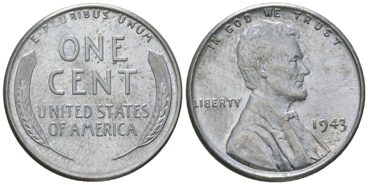 США 1 цент 1943 Авраам Линкольн KM 132 a сталь покрытая цинком aUNC 112-1152