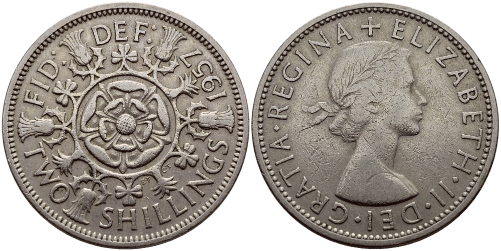 Великобритания 2 шиллинга (флорин) 1957 Елизавета II (1952-2022) KM 906, Spink 4146 медно-никель 85-812
