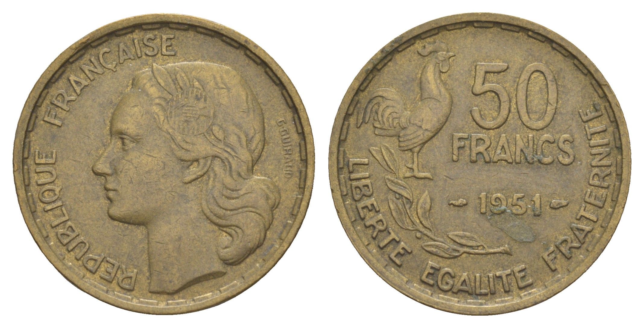 Франция 50 франков 1951 KM 918 алюминиевая бронза 83-625
