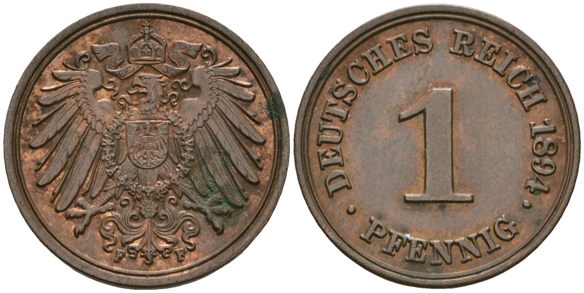 Германия 1 пфенниг 1894 F, Вильгельм II (1888-1918) KM 10, J. 10 медь 4608-212