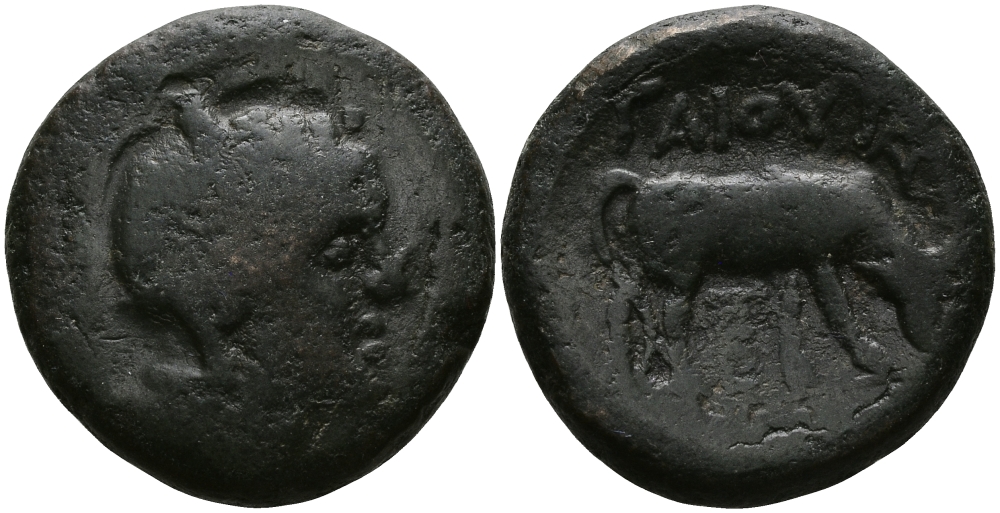 ДРЕВНЯЯ ГРЕЦИЯ, МАКЕДОНИЯ ПОД РИМСКИМ УПРАВЛЕНИЕМ АЕ 168 - 158 гг. до н.э. АФИНА ПАЛЛАДА / БЫК, ПЕЛЛА, FINE (RARE), 7,68 гр BMC 76 бронза 1073-10-33