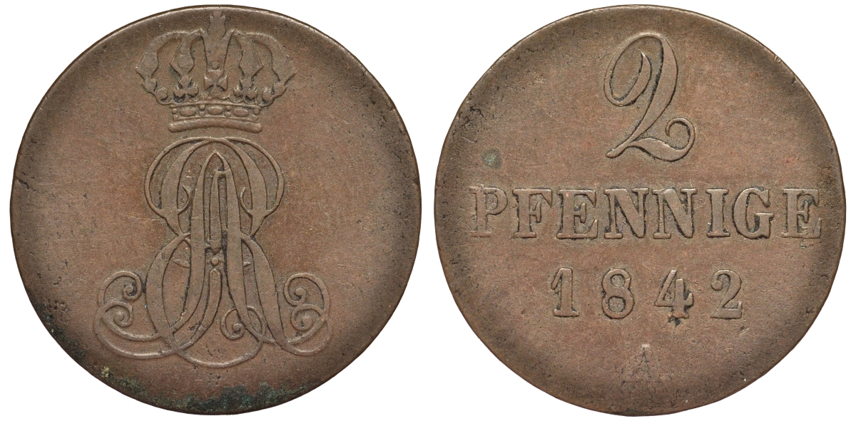 Ганновер 2 пфеннига 1842 A, Эрнст Август (1837-1851) KM 174.1, AKS 122, J. 55 медь 75-1725