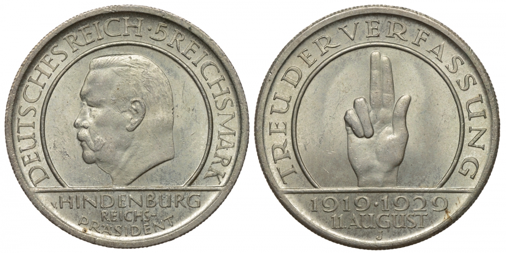 Германия 5 марок 1929 J, 10 лет Веймарской Конституции J. 341, КМ 64 серебро aUNC 00-805-28