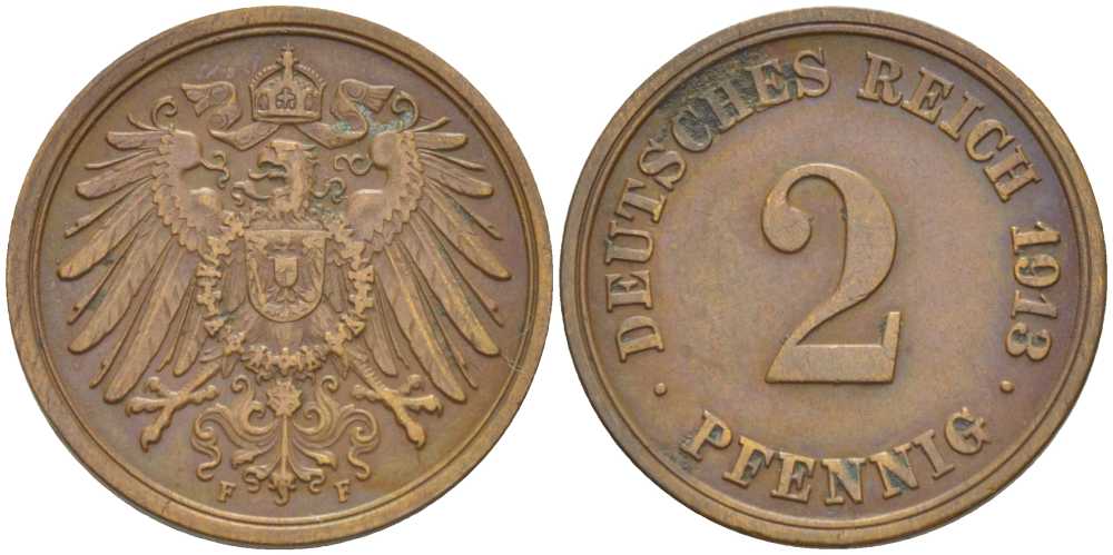Германия 2 пфеннига 1913 F KM 16, J. 11, Weege 4 медь 206-637
