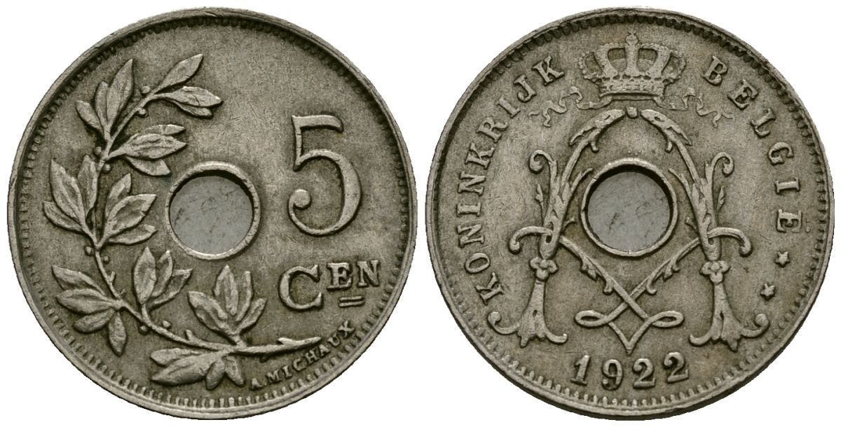 Бельгия 5 сантимов 1922 Belgie KM 67 медно-никель 4173-243