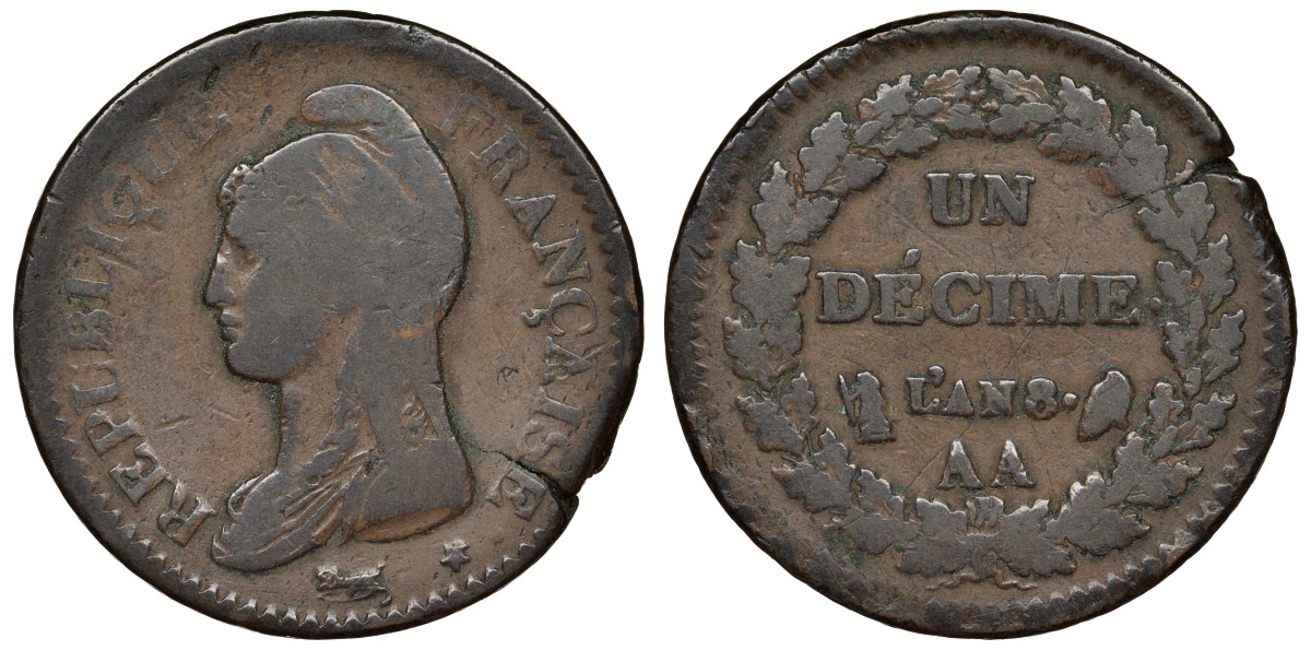 Франция 1 десим 1799 AA, консулат (1799-1803), AN 8 KM 644.2 бронза 00-00