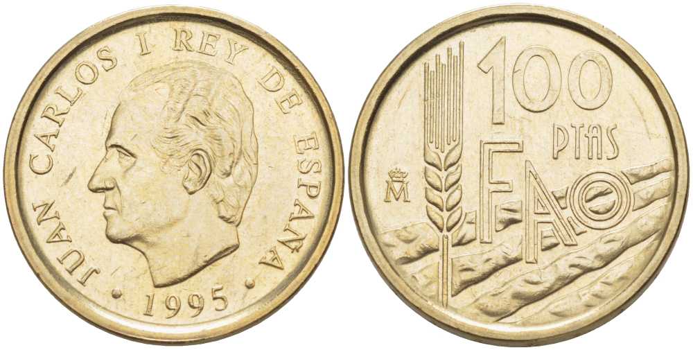 ИСПАНИЯ 100 ПЕСЕТ 1995 FAO, ХУАН КАРЛОС I (1975-) KM 950 никель латунь 4384-811