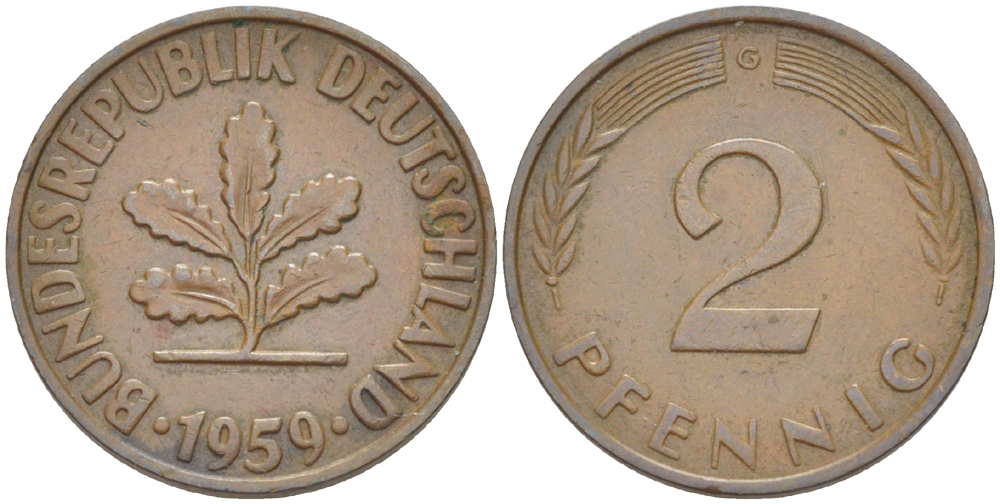 ФРГ 2 ПФЕННИГА 1959 G KM 106, J. 381 бронза 4181-721