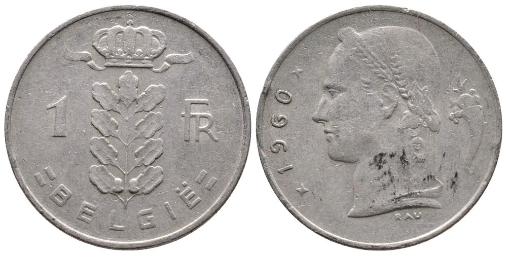 Бельгия 1 франк 1960 Belgie, Бодуэн I (1951-1993) KM 143.1 медно-никель 4382-1125