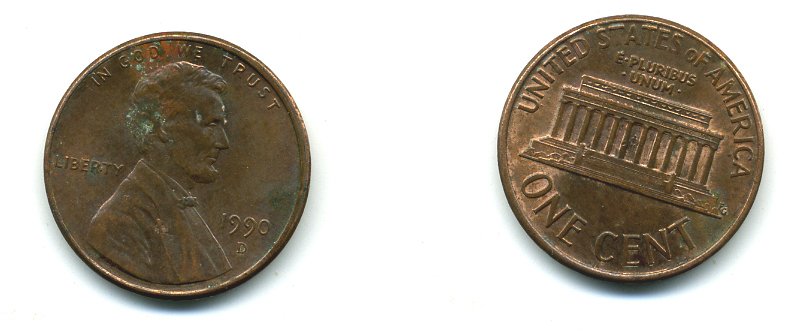 США 1 ЦЕНТ 1990 D KM 201b цинк плакированный медью 4364-236