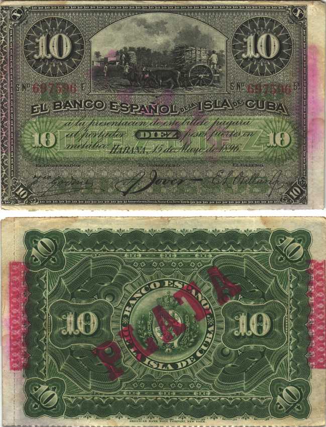 Куба 10 песо 1896 Испанская Администрация, надпечатка PLATA Pick 49 d бумага аUNC 7116-7-2-2