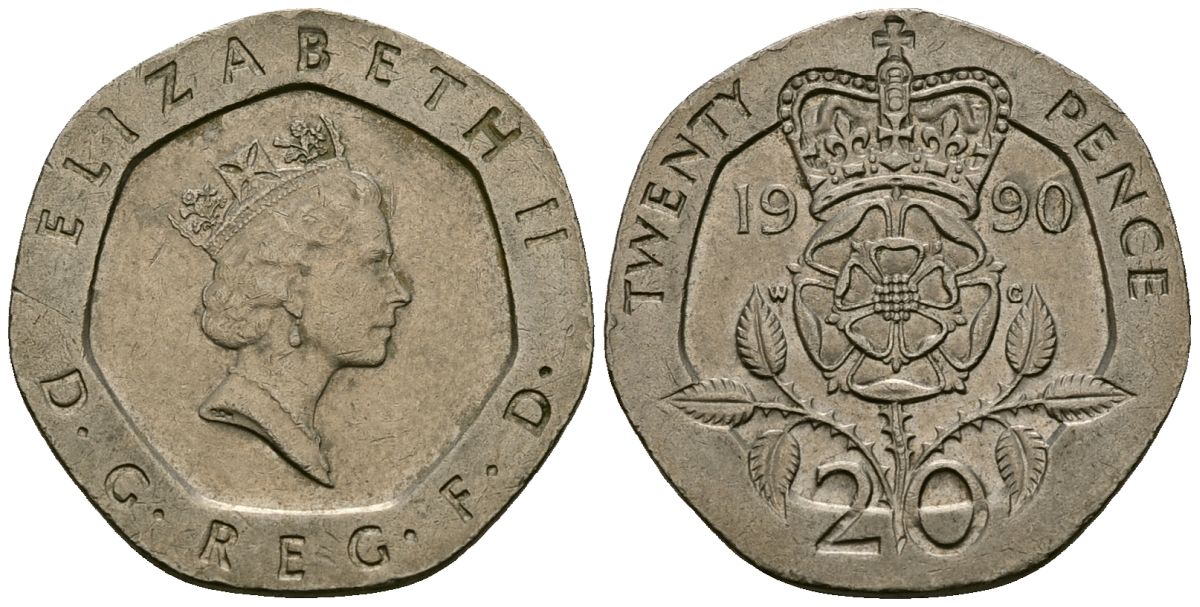 Великобритания 20 пенсов 1990 Елизавета II (1952-2022) KM 939, Spink 4361 (G2) медно-никель 4538-1231