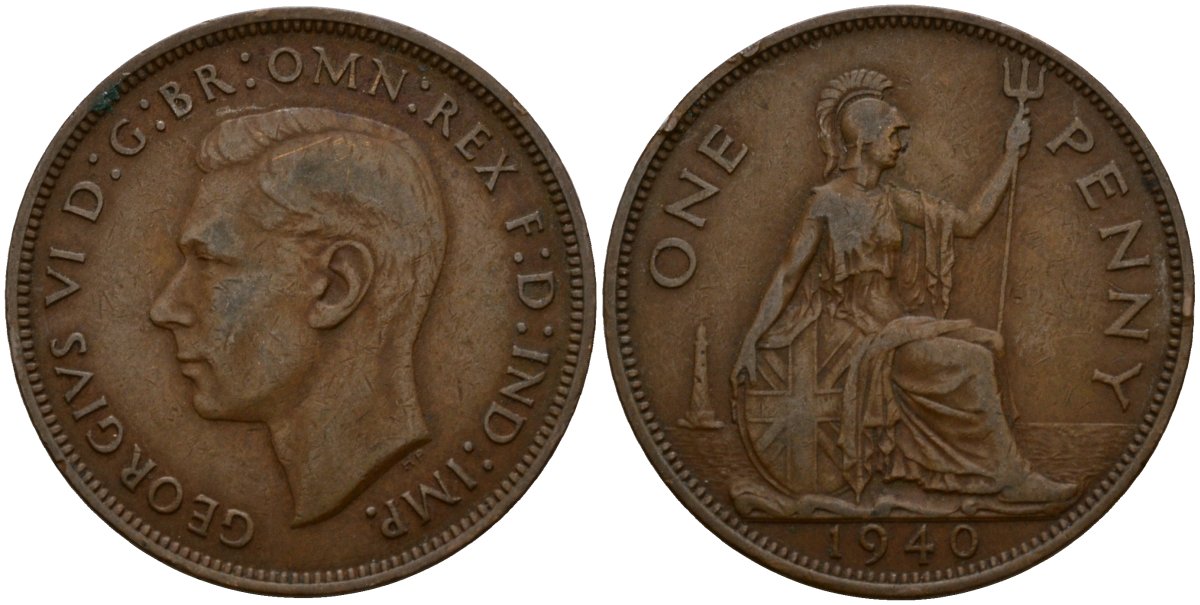 Великобритания 1 пенни 1940 Георг VI (1936-1952) KM 845, Spink 4114 бронза 4599-243