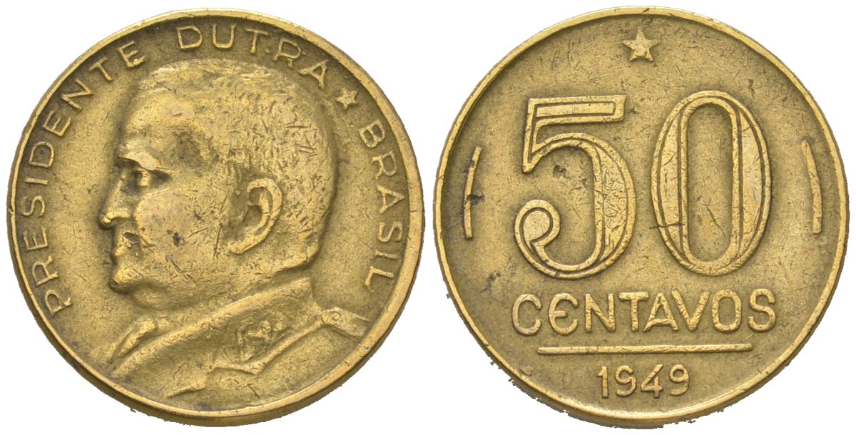 Бразилия 50 сентаво 1949 Эурику Дутра KM 563, Schon 68 алюминиевая бронза 4611-667