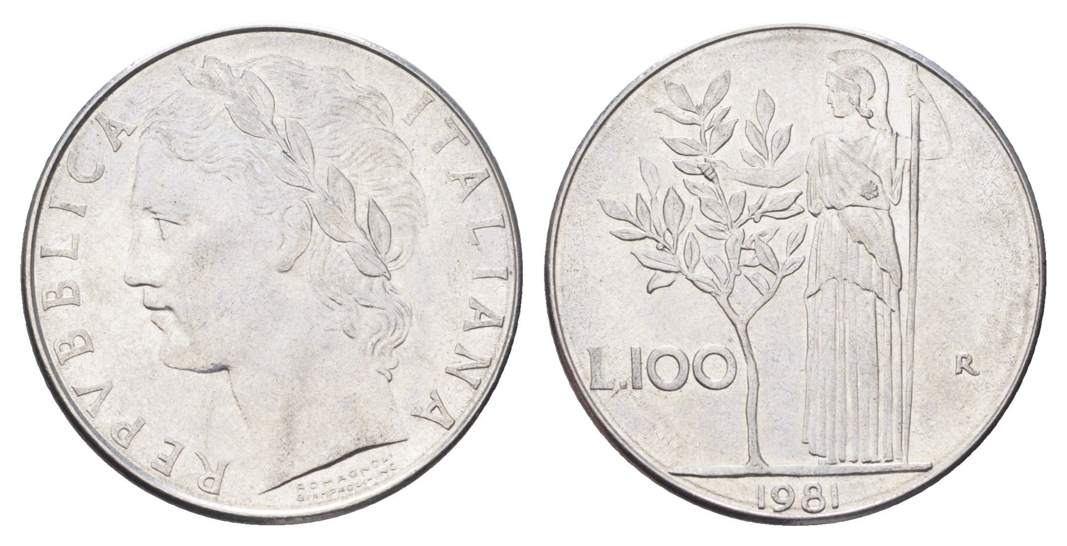 Италия 100 лир 1981 R, Афина в доспехах KM 96.1 нержавеющая сталь 4704-813