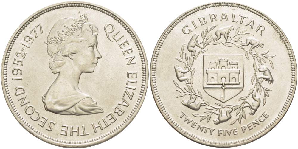 Гибралтар 25 пенсов 1977 25 лет правления Елизаветы II (1952-1977) KM 10 медно-никель 4527-415