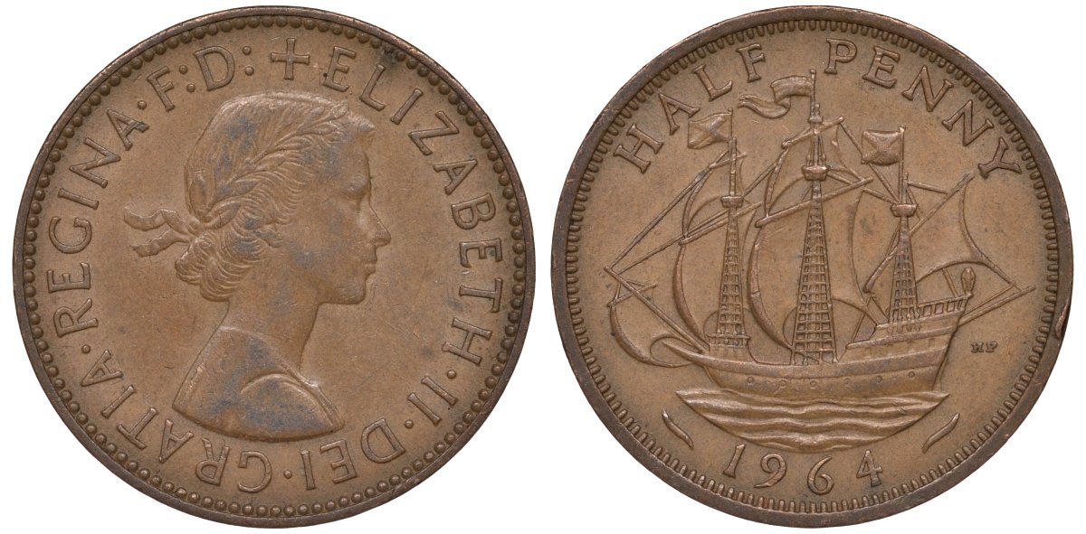Великобритания 1/2 пенни 1964 Елизавета II (1952-2022) KM 896, Spink 4158 бронза 4146-1031