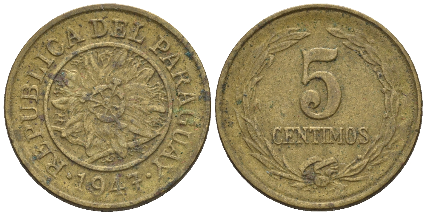 Парагвай 5 сентимо 1947  KM 21 алюминиевая бронза    220-1015