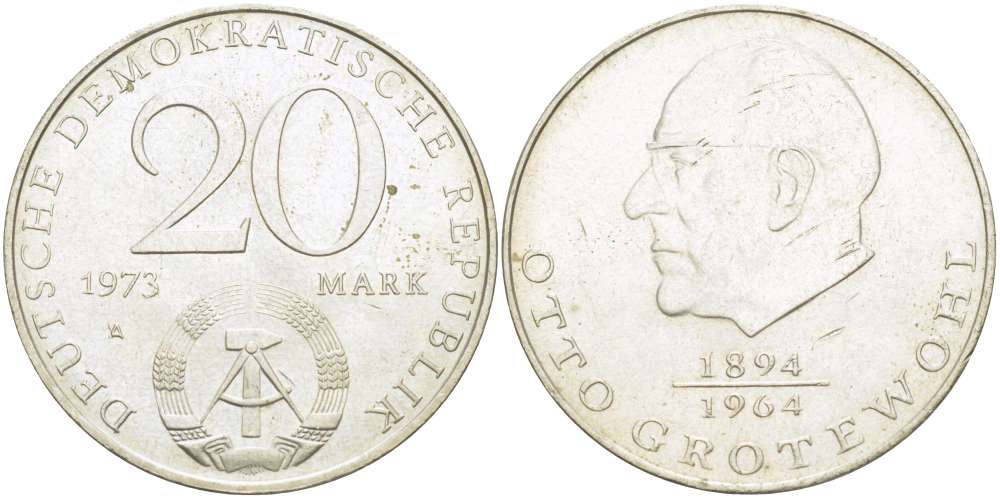 ГДР 20 марок 1973 А, Отто Гротеволь (1894-1964) KM 47 медно-никель 4521-543