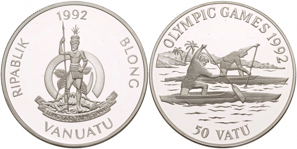 Вануату 50 вату 1992 XXV Олимпийские игры в Барселоне 1992 года, гребля на каное KM 14 серебро PROOF 1088-4-62