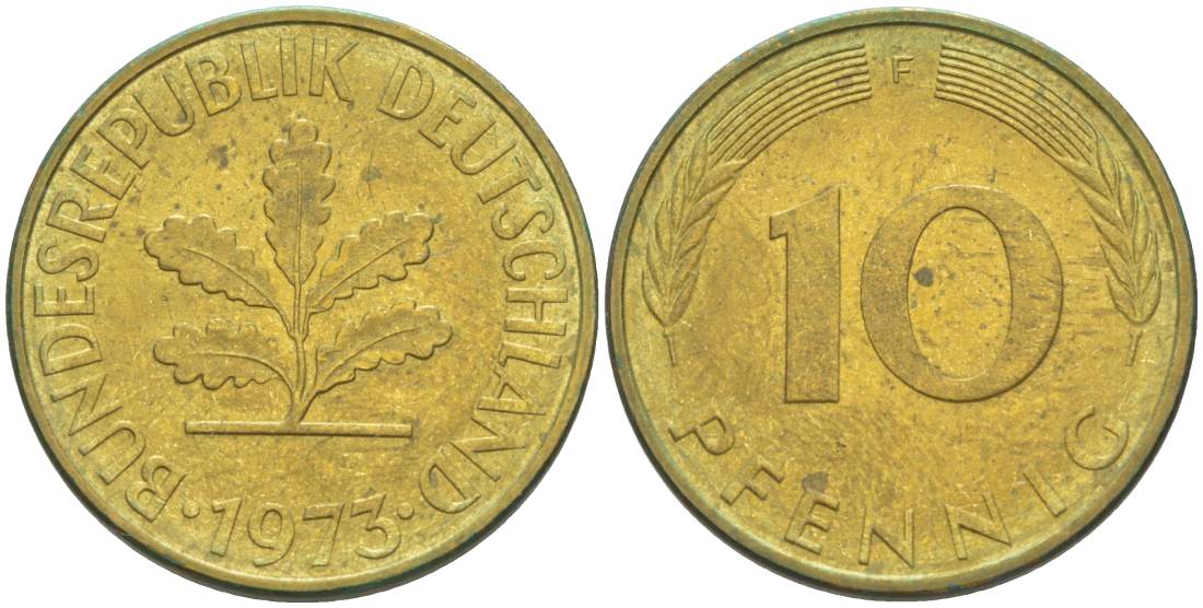ФРГ 10 ПФЕННИГОВ 1973 F KM 108, J. 383 сталь плакированная латунью 219-451