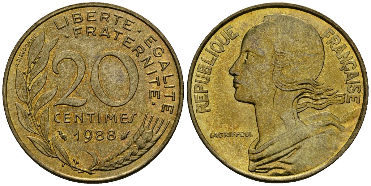 Франция 20 сантимов 1988 тип Marianne KM 930 медь алюминий никель 4135-627