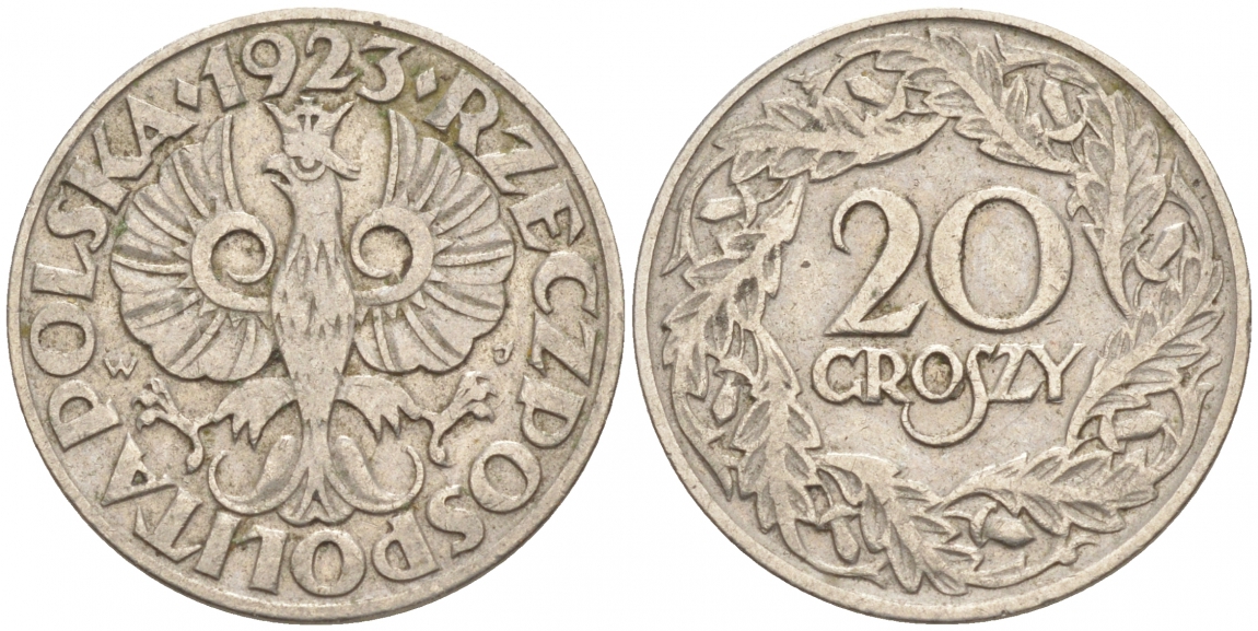 ПОЛЬША 20 ГРОШЕЙ 1923 KM 12 никель 4516-245