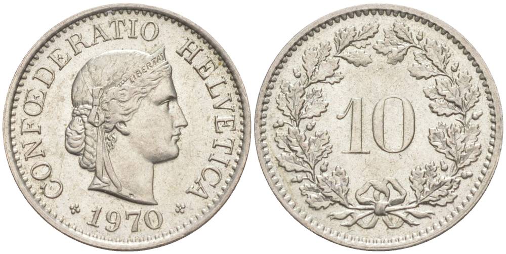 Швейцария 10 раппенов 1970 KM 27 медно-никель 55-434