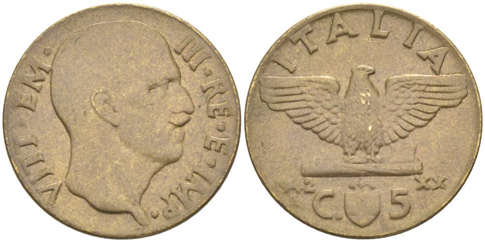 ИТАЛИЯ 5 ЧЕНТЕЗИМО 1942 R, ГОД XX, ВИКТОР ЭММАНУИЛ III (1900-1946) KM 73a, VEM3. 0956 алюминиевая бронза 3853-245